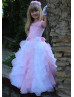 Illusion Neck Pink Lace Organza Ruffle Long Flower Girl Dress